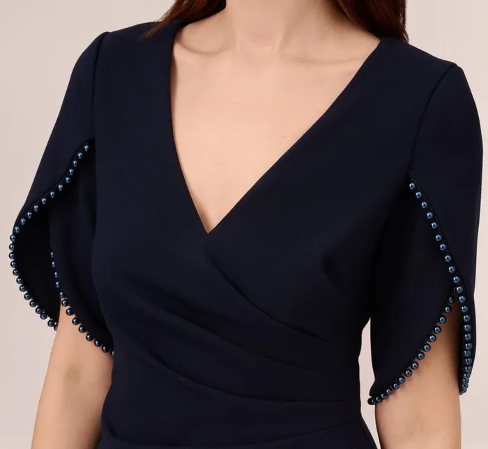 Adrianna Papell Formal Dresses Crepe Mermaid Gown With Pearl Trim Short Sleeves In Midnight 8211 Women