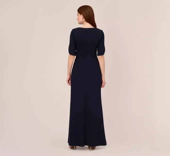 Adrianna Papell Formal Dresses Crepe Mermaid Gown With Pearl Trim Short Sleeves In Midnight 8211 Women