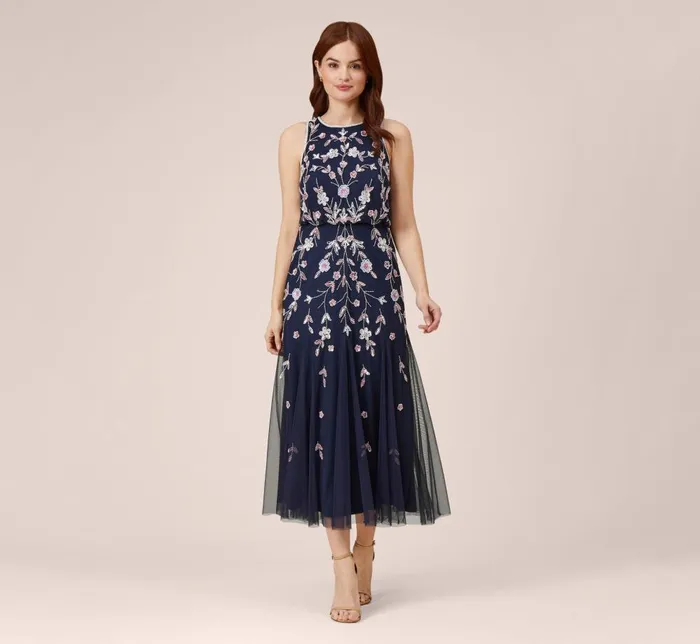 Adrianna Papell Formal Dresses Floral Beaded Blouson Tea Length Dress In Navy Blush 8211 Women