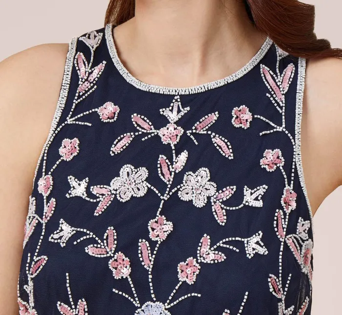 Adrianna Papell Formal Dresses Floral Beaded Blouson Tea Length Dress In Navy Blush 8211 Women