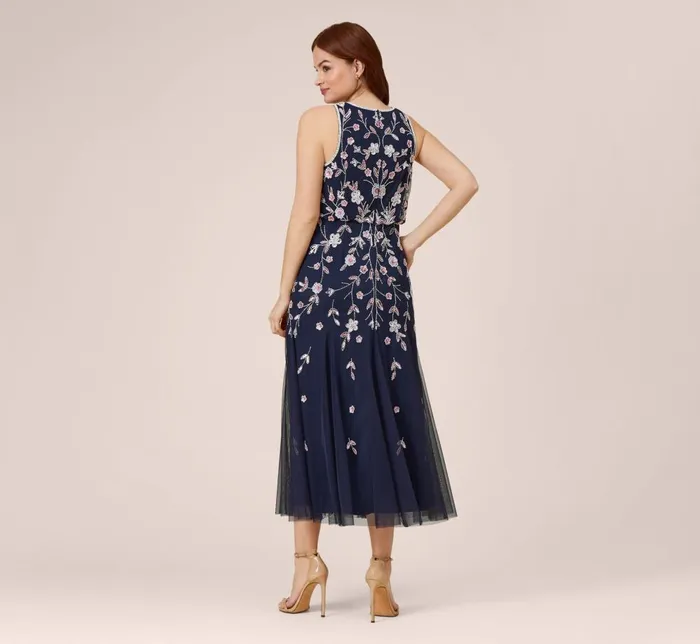 Adrianna Papell Formal Dresses Floral Beaded Blouson Tea Length Dress In Navy Blush 8211 Women