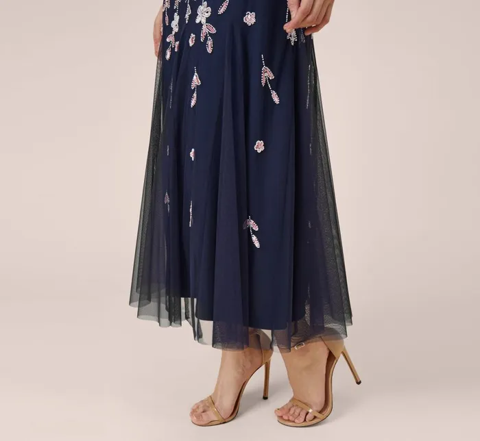 Adrianna Papell Formal Dresses Floral Beaded Blouson Tea Length Dress In Navy Blush 8211 Women