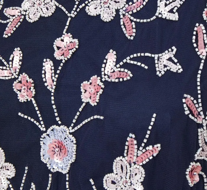 Adrianna Papell Formal Dresses Floral Beaded Blouson Tea Length Dress In Navy Blush 8211 Women