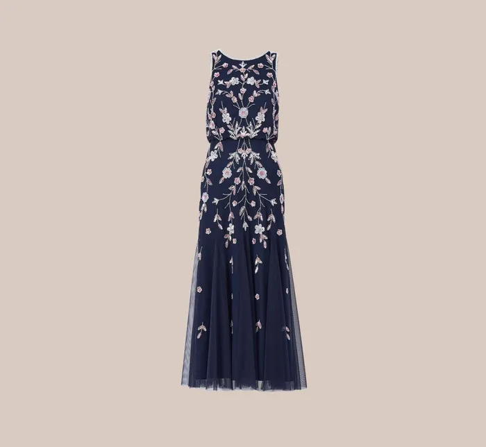 Adrianna Papell Formal Dresses Floral Beaded Blouson Tea Length Dress In Navy Blush 8211 Women