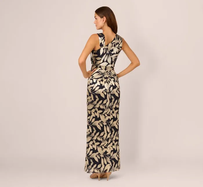 Adrianna Papell Formal Dresses Foil Printed Asymmetric Gown With Ruffled Detail In Navy Gold 8211 Women
