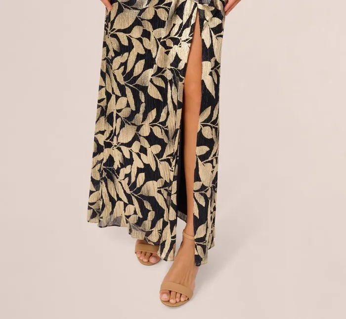 Adrianna Papell Formal Dresses Foil Printed Asymmetric Gown With Ruffled Detail In Navy Gold 8211 Women
