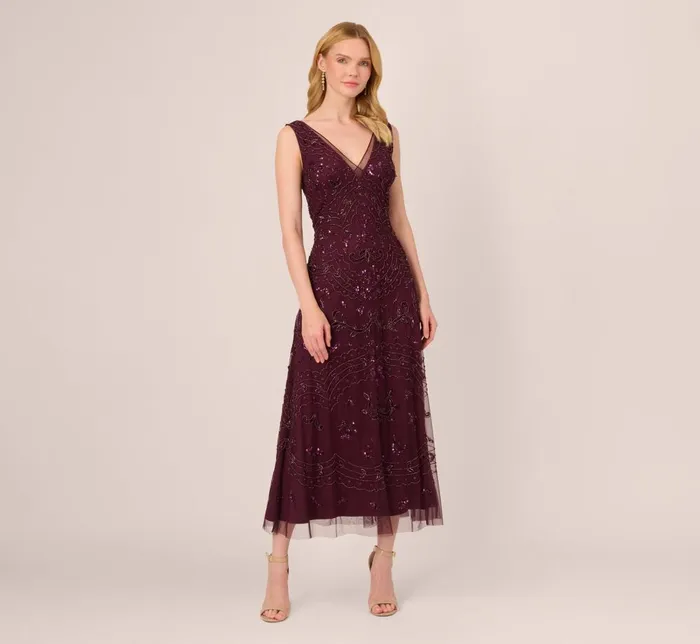 Adrianna Papell Formal Dresses HandBeaded AnkleLength Dress In Night Plum 8211 Women