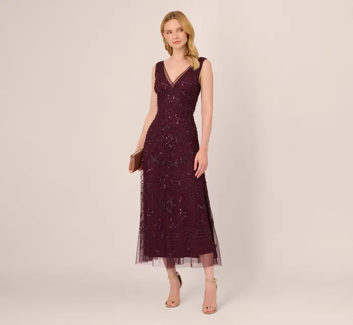 Adrianna Papell Formal Dresses HandBeaded AnkleLength Dress In Night Plum 8211 Women