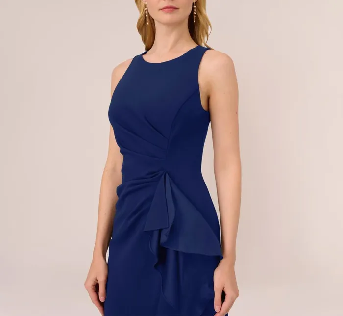 Adrianna Papell Formal Dresses High Low Crepe Halter Gown With Organza Draping In Navy Sateen 8211 Women
