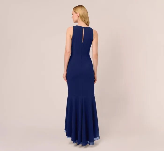 Adrianna Papell Formal Dresses High Low Crepe Halter Gown With Organza Draping In Navy Sateen 8211 Women