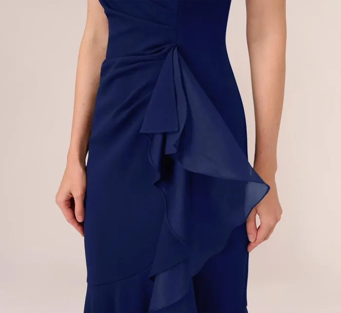 Adrianna Papell Formal Dresses High Low Crepe Halter Gown With Organza Draping In Navy Sateen 8211 Women