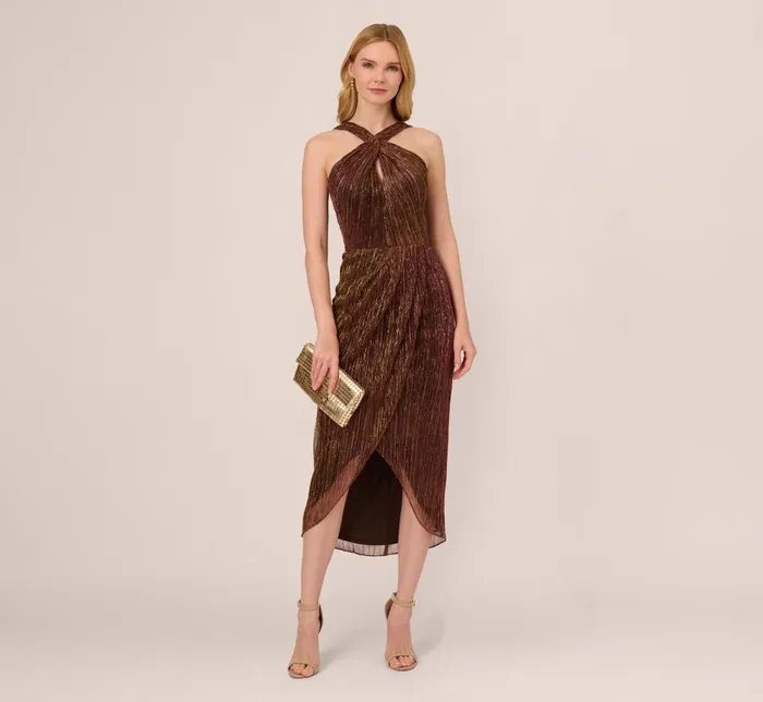 Adrianna Papell Formal Dresses Metallic Knit Halter Midi Dress With Wrap Skirt In Copper 8211 Women