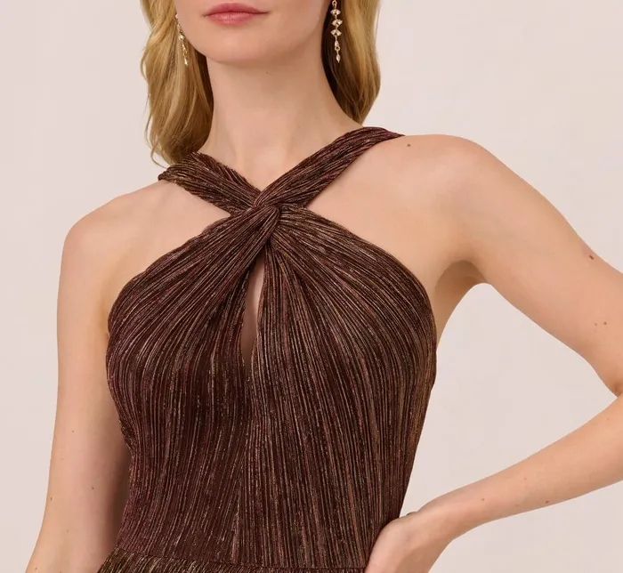 Adrianna Papell Formal Dresses Metallic Knit Halter Midi Dress With Wrap Skirt In Copper 8211 Women