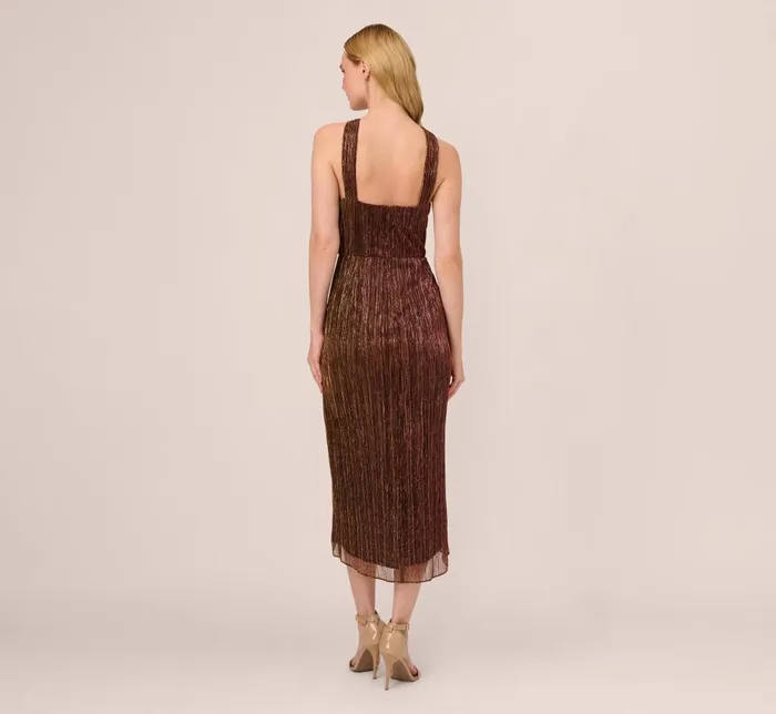 Adrianna Papell Formal Dresses Metallic Knit Halter Midi Dress With Wrap Skirt In Copper 8211 Women