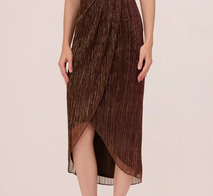 Adrianna Papell Formal Dresses Metallic Knit Halter Midi Dress With Wrap Skirt In Copper 8211 Women