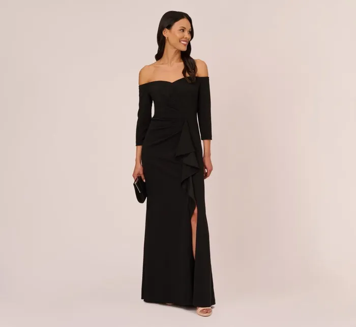 Adrianna Papell Formal Dresses Off The Shoulder Cascading Ruffle Gown In Black 8211 Women