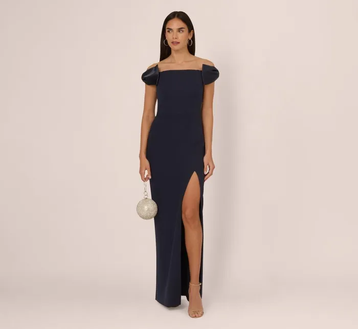 Adrianna Papell Formal Dresses Off The Shoulder Crepe Column Gown With Bow Accents In Twilight 8211 Women