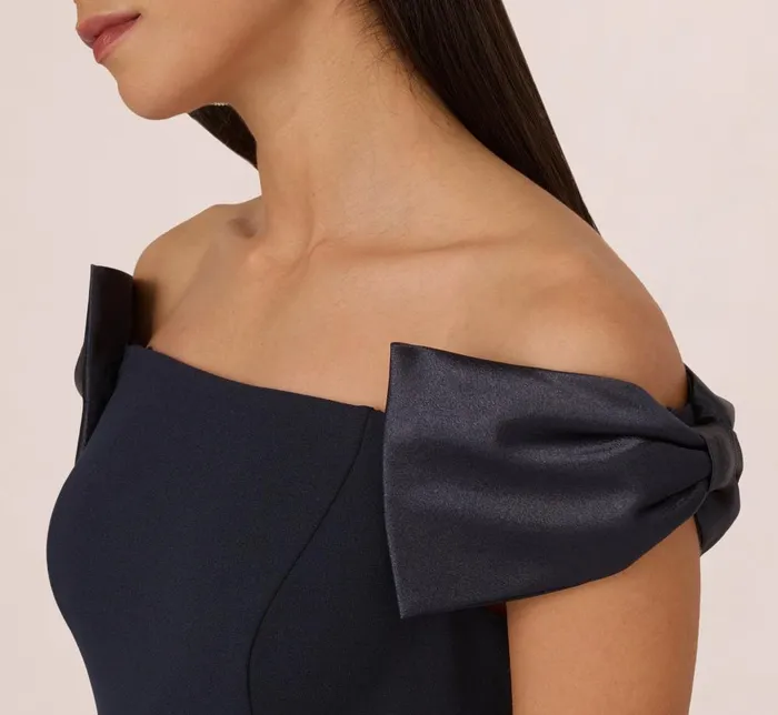 Adrianna Papell Formal Dresses Off The Shoulder Crepe Column Gown With Bow Accents In Twilight 8211 Women