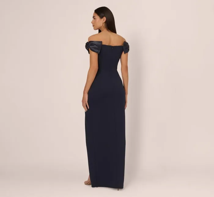 Adrianna Papell Formal Dresses Off The Shoulder Crepe Column Gown With Bow Accents In Twilight 8211 Women
