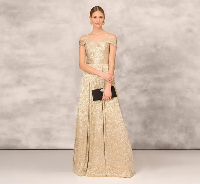 Adrianna Papell Formal Dresses Off The Shoulder Metallic Foiled Metallic Pleated Mesh Long ALine Ball Gown In Gold 8211 Women