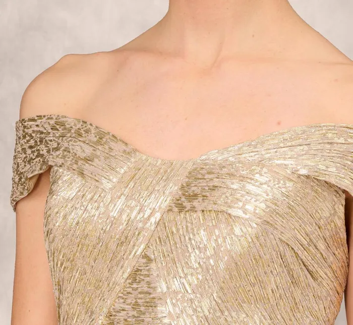 Adrianna Papell Formal Dresses Off The Shoulder Metallic Foiled Metallic Pleated Mesh Long ALine Ball Gown In Gold 8211 Women