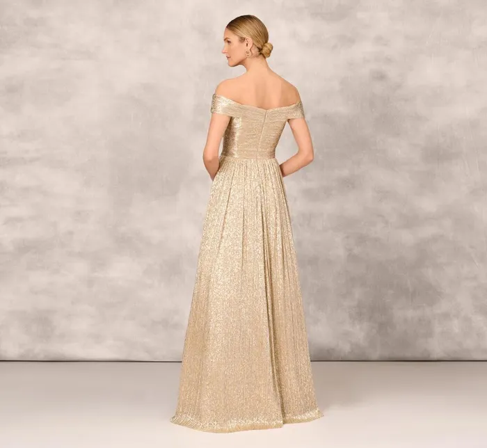 Adrianna Papell Formal Dresses Off The Shoulder Metallic Foiled Metallic Pleated Mesh Long ALine Ball Gown In Gold 8211 Women