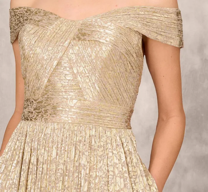 Adrianna Papell Formal Dresses Off The Shoulder Metallic Foiled Metallic Pleated Mesh Long ALine Ball Gown In Gold 8211 Women