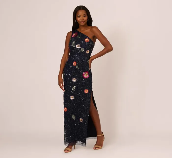 Adrianna Papell Formal Dresses One Shoulder Floral Bead Dress In Navy Multi 8211 Women