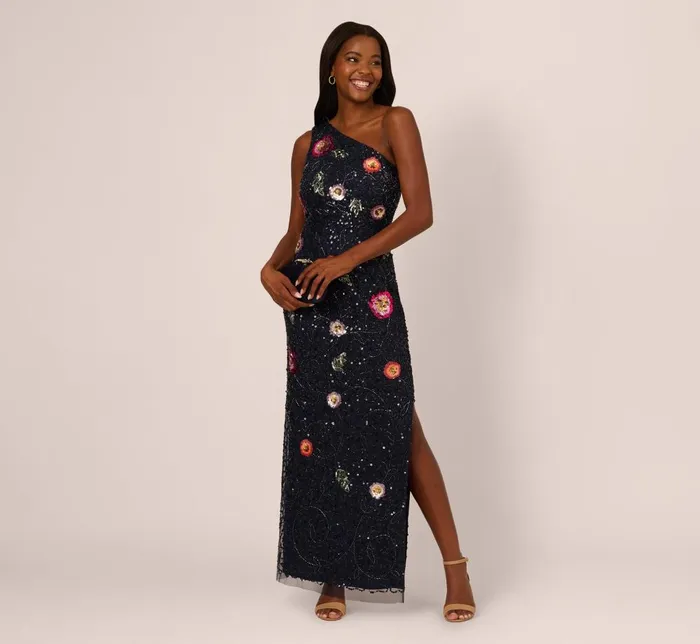 Adrianna Papell Formal Dresses One Shoulder Floral Bead Dress In Navy Multi 8211 Women