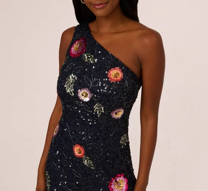 Adrianna Papell Formal Dresses One Shoulder Floral Bead Dress In Navy Multi 8211 Women