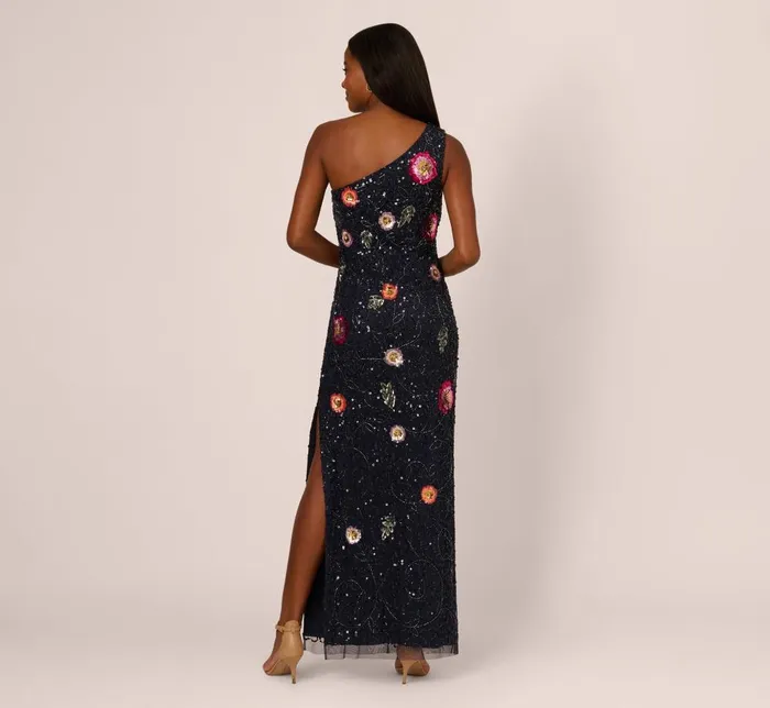 Adrianna Papell Formal Dresses One Shoulder Floral Bead Dress In Navy Multi 8211 Women