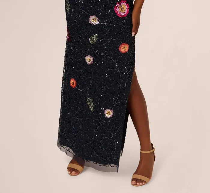 Adrianna Papell Formal Dresses One Shoulder Floral Bead Dress In Navy Multi 8211 Women