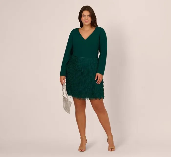 Adrianna Papell Formal Dresses Plus Size Combo Fabric Fringe Mini Dress In Dark Ivy 8211 Women