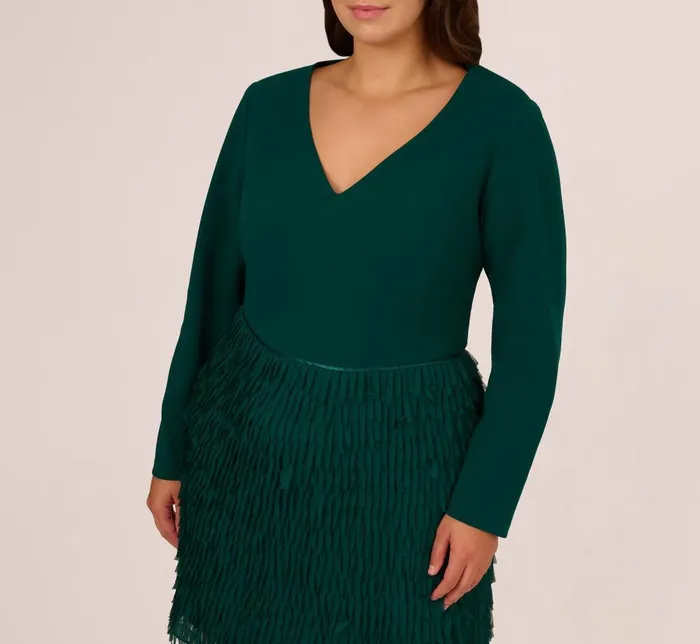 Adrianna Papell Formal Dresses Plus Size Combo Fabric Fringe Mini Dress In Dark Ivy 8211 Women
