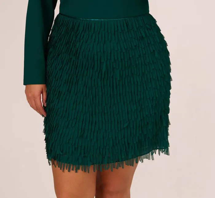 Adrianna Papell Formal Dresses Plus Size Combo Fabric Fringe Mini Dress In Dark Ivy 8211 Women