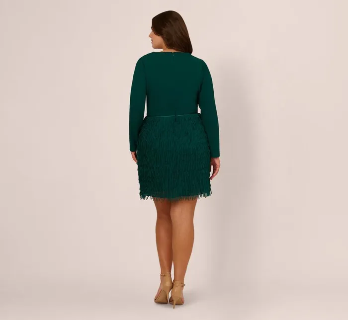Adrianna Papell Formal Dresses Plus Size Combo Fabric Fringe Mini Dress In Dark Ivy 8211 Women
