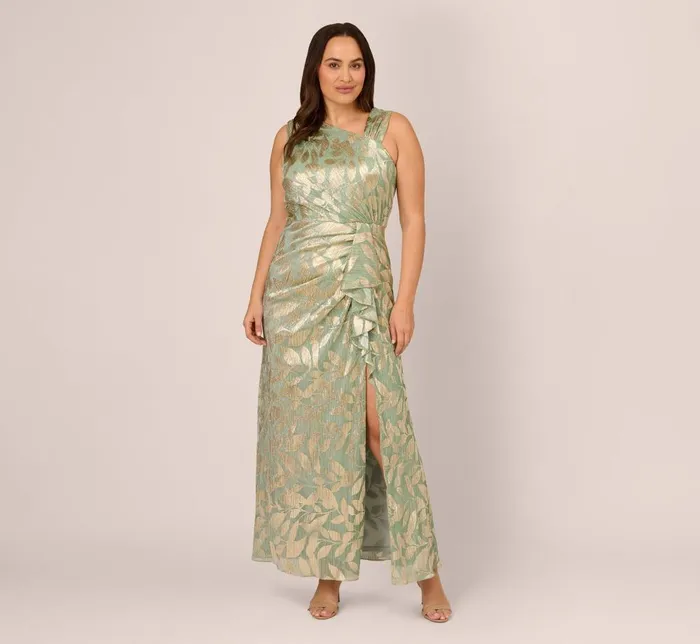 Adrianna Papell Formal Dresses Plus Size Foil Printed Asymmetric Gown With Ruffled Detail In Sage Gold 8211 Women