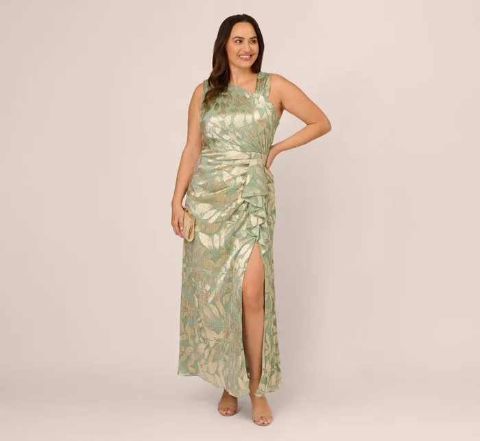 Adrianna Papell Formal Dresses Plus Size Foil Printed Asymmetric Gown With Ruffled Detail In Sage Gold 8211 Women