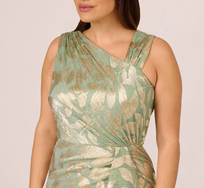 Adrianna Papell Formal Dresses Plus Size Foil Printed Asymmetric Gown With Ruffled Detail In Sage Gold 8211 Women