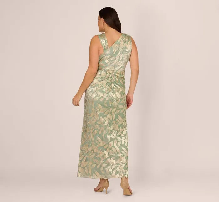 Adrianna Papell Formal Dresses Plus Size Foil Printed Asymmetric Gown With Ruffled Detail In Sage Gold 8211 Women