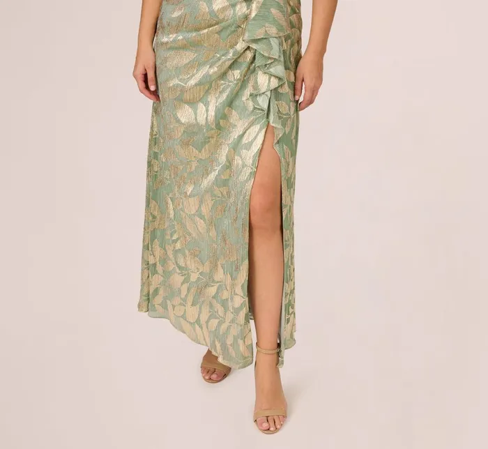 Adrianna Papell Formal Dresses Plus Size Foil Printed Asymmetric Gown With Ruffled Detail In Sage Gold 8211 Women