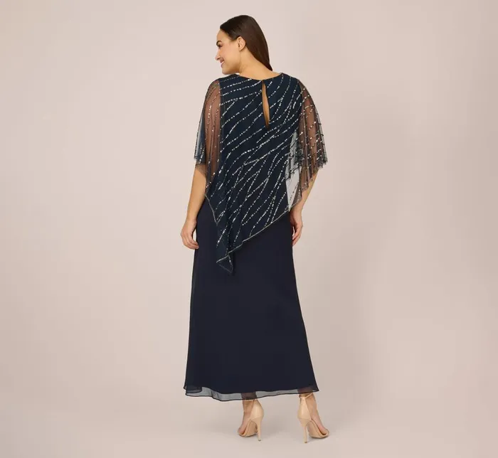 Adrianna Papell Formal Dresses Plus Size HandBeaded Popover Long Dress In Midnight 8211 Women