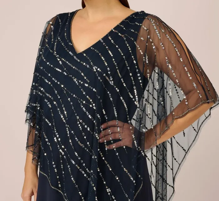 Adrianna Papell Formal Dresses Plus Size HandBeaded Popover Long Dress In Midnight 8211 Women