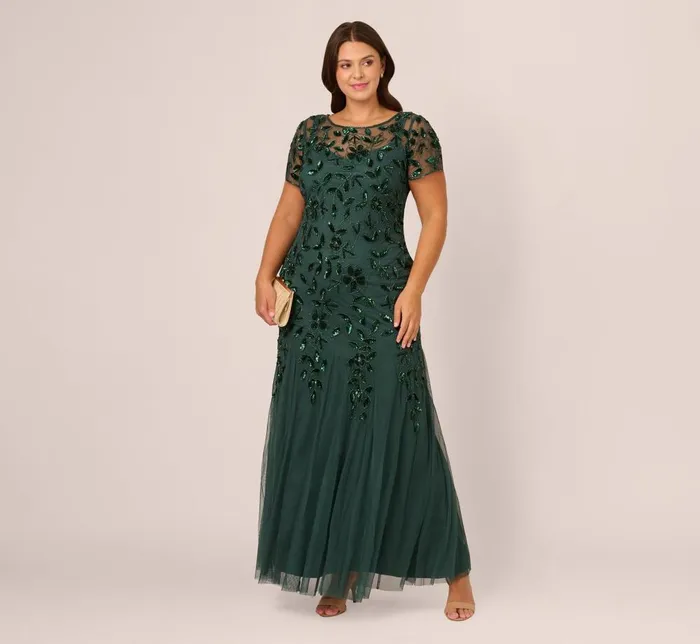 Adrianna Papell Formal Dresses Plus Size Hand Beaded Short Sleeve Floral Godet Gown In Dusty Emerald 8211 Women