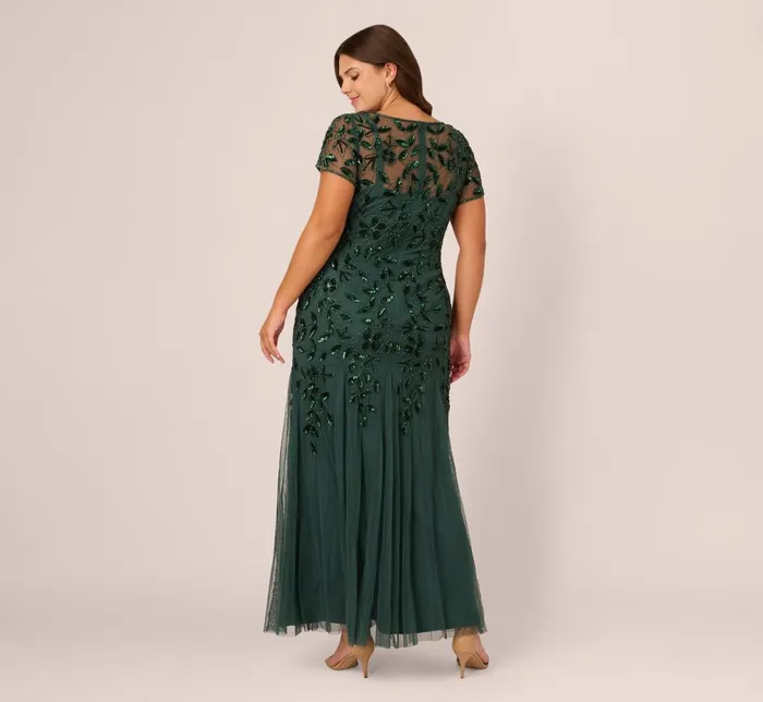 Adrianna Papell Formal Dresses Plus Size Hand Beaded Short Sleeve Floral Godet Gown In Dusty Emerald 8211 Women