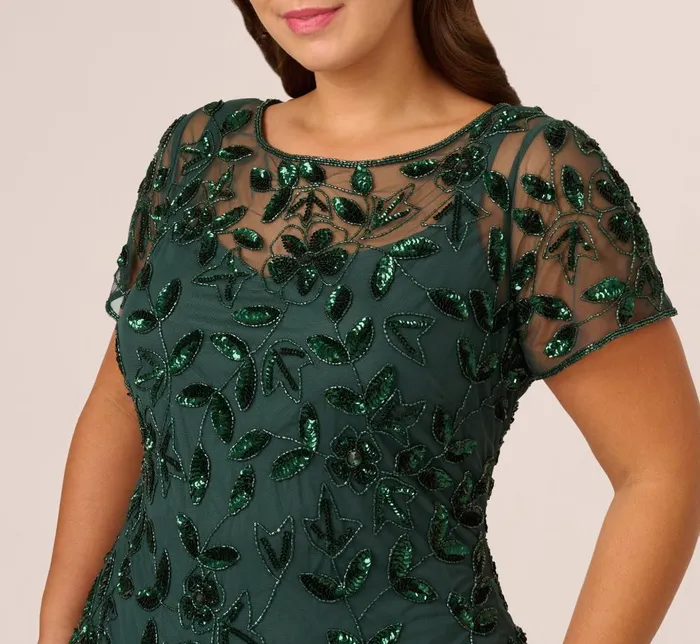Adrianna Papell Formal Dresses Plus Size Hand Beaded Short Sleeve Floral Godet Gown In Dusty Emerald 8211 Women