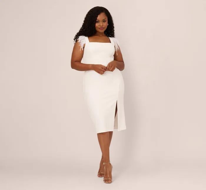Adrianna Papell Formal Dresses Plus Size Knit Crepe Midi Dress With Feather Shoulder Accents In Ivory 8211 Women