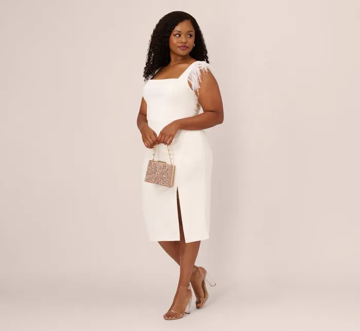 Adrianna Papell Formal Dresses Plus Size Knit Crepe Midi Dress With Feather Shoulder Accents In Ivory 8211 Women