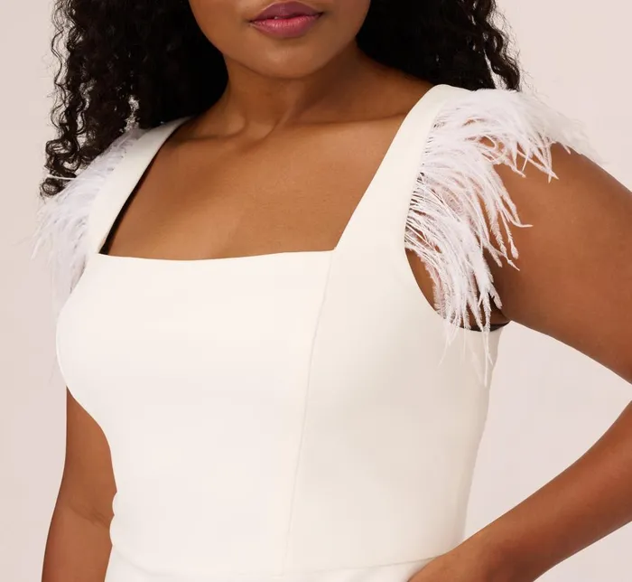 Adrianna Papell Formal Dresses Plus Size Knit Crepe Midi Dress With Feather Shoulder Accents In Ivory 8211 Women