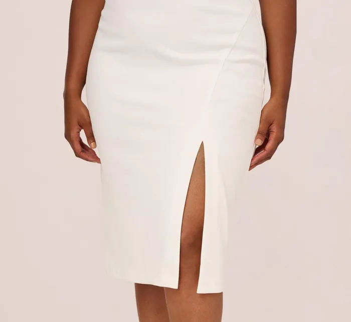 Adrianna Papell Formal Dresses Plus Size Knit Crepe Midi Dress With Feather Shoulder Accents In Ivory 8211 Women